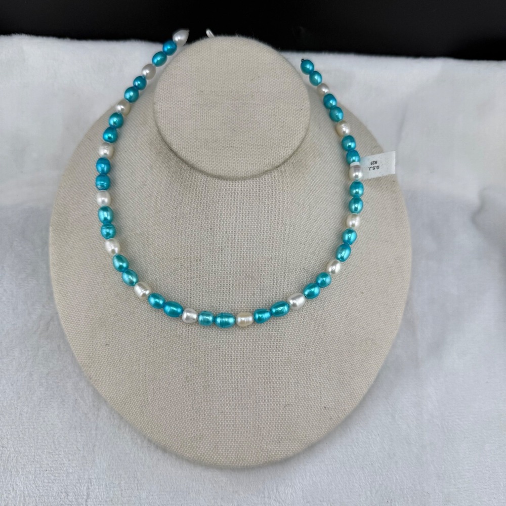 Vintage GSJ Necklace Blue White Beaded Pearl Sterling Silver Collar READ